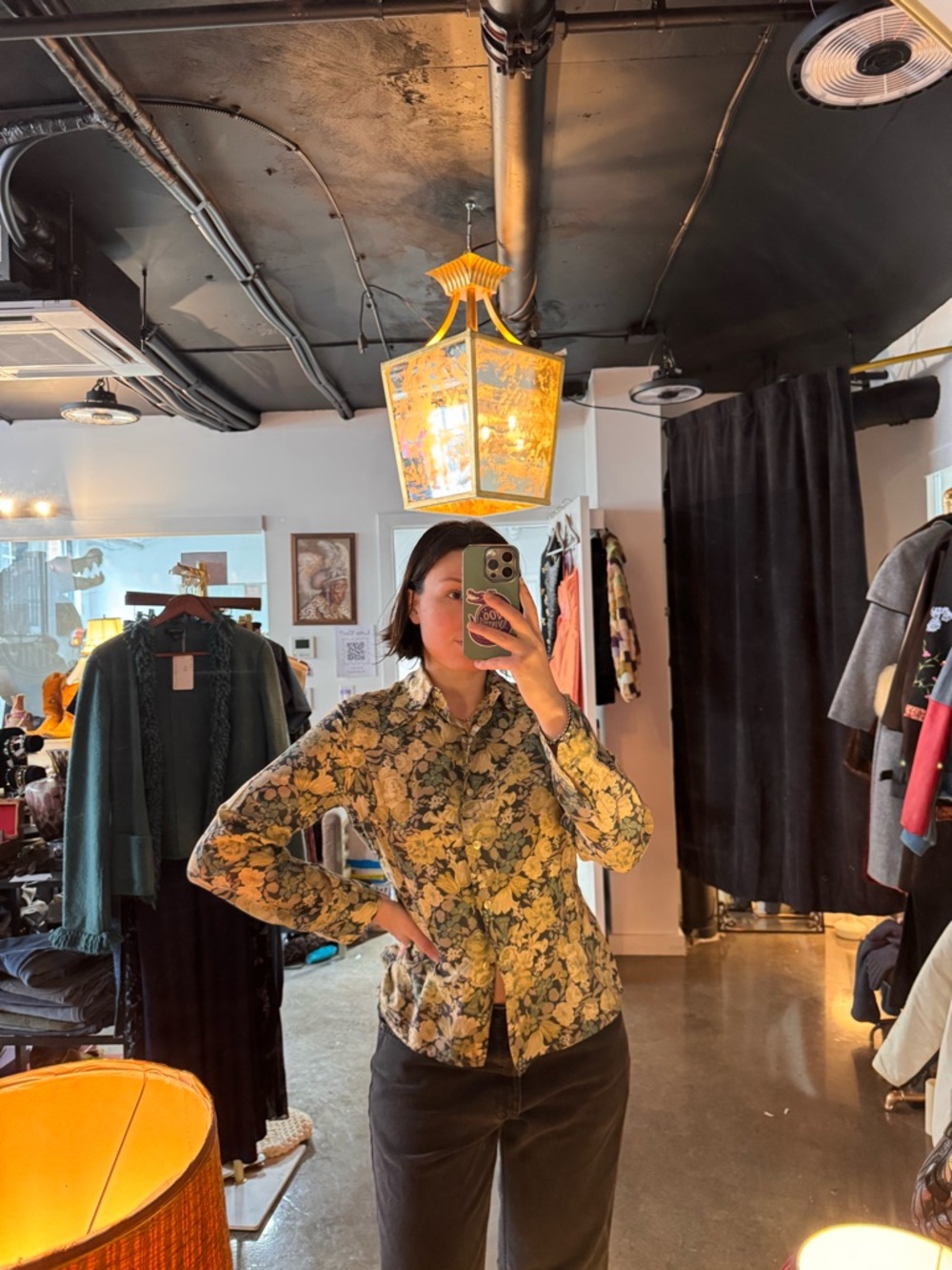 Floral Button-Up Blouse in Green and Yellow